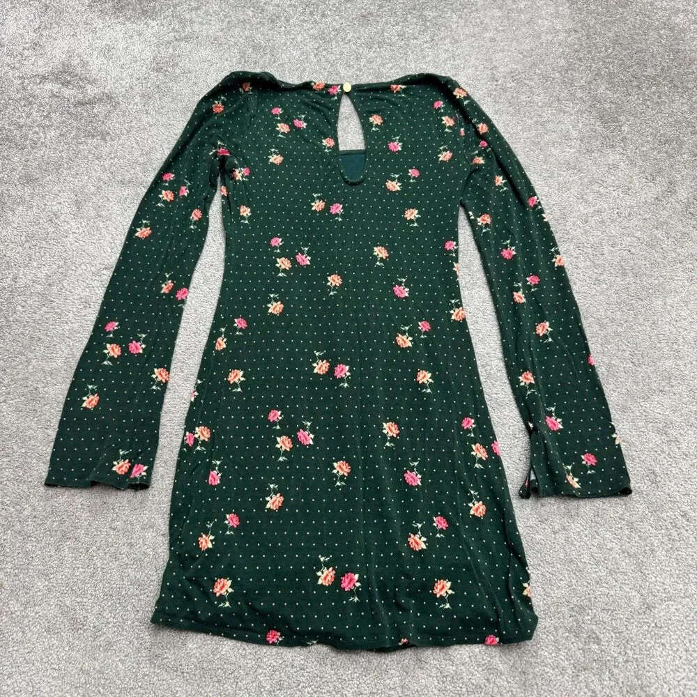 Free People Floral Polka Dot Ruched Long Sleeve Mini Dress Womens Small Green